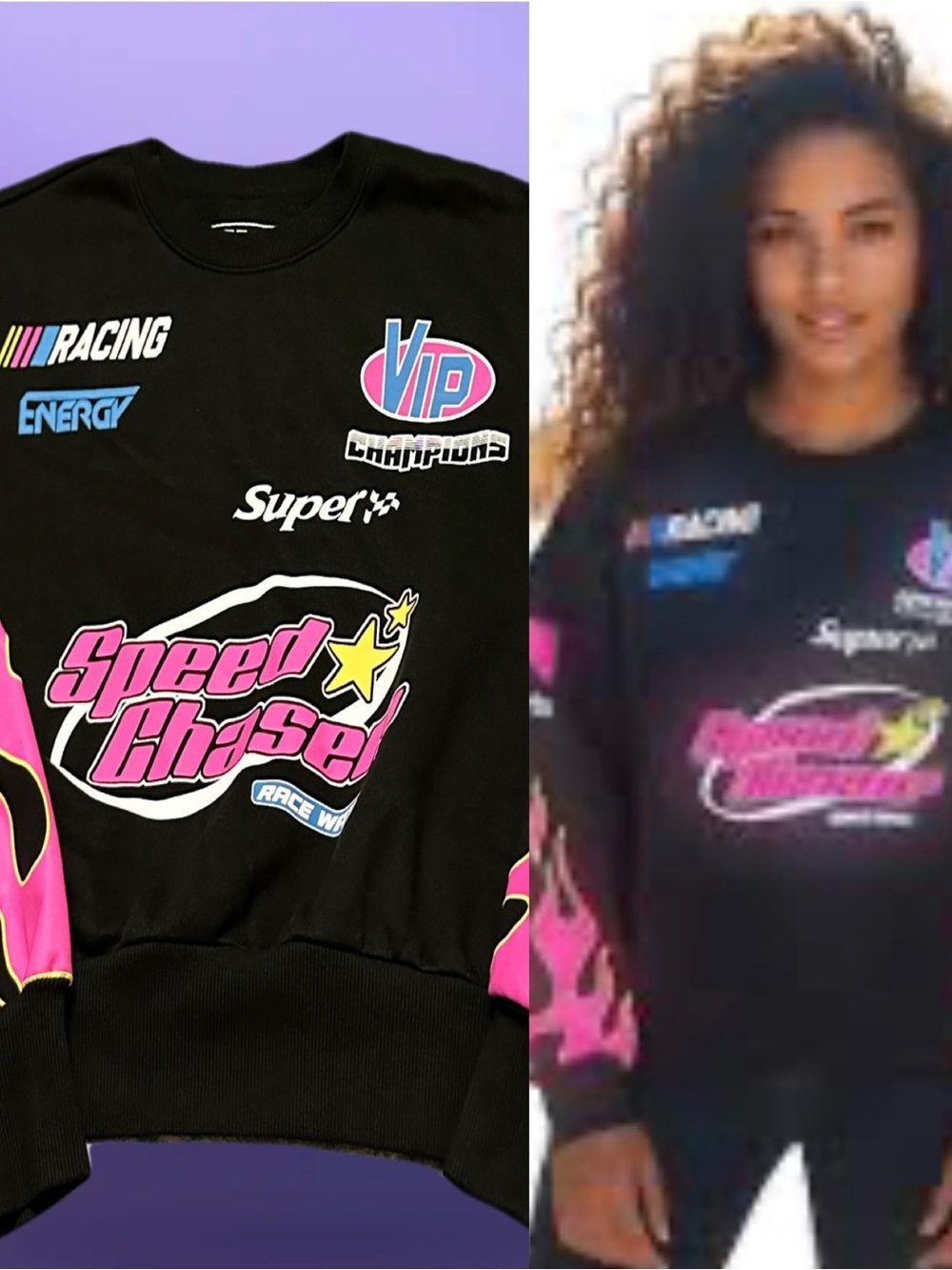 Cotton Classic Women’s Black Graphic Crewneck Sweater with Pink Racing Logo L